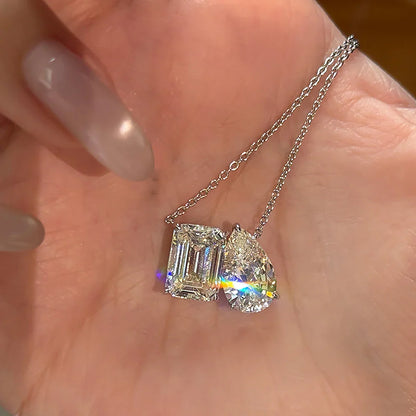 5cttw Radiant/Emerald Pear Cut Moissanite Diamond Pendant Necklace for Women  Certified 925 Silver 2-Stone Clavicle Neckchain