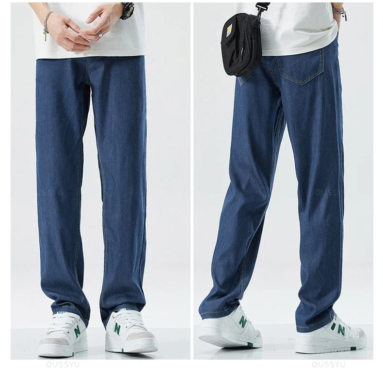 New Summer Thin Soft Lyocell Fabric Men's Jeans Classic Straight Denim Pants Work Wide Leg Casual Trousers Male Big Size 40 42