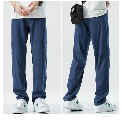 New Summer Thin Soft Lyocell Fabric Men's Jeans Classic Straight Denim Pants Work Wide Leg Casual Trousers Male Big Size 40 42