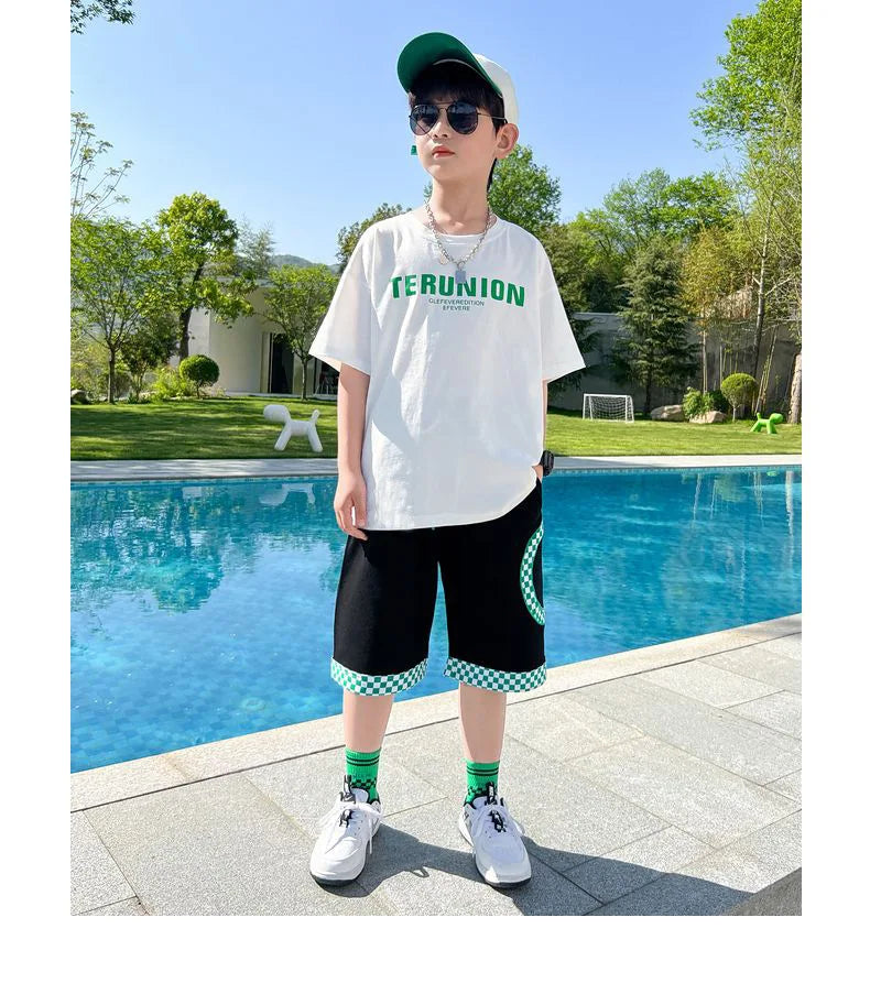 Summer Boys Cotton Alphabet Cartoon T-Shirt Tops+Patchwork Plaid Shorts Pant Set School Kids Tracksuit Child 2PCS Outfit 5-14Yr
