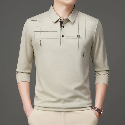 2025 Latest Autumn New Men's Long Sleeve Polo Shirt Middle Aged Business Comfortable Solid Color Men's Collar T-shirt