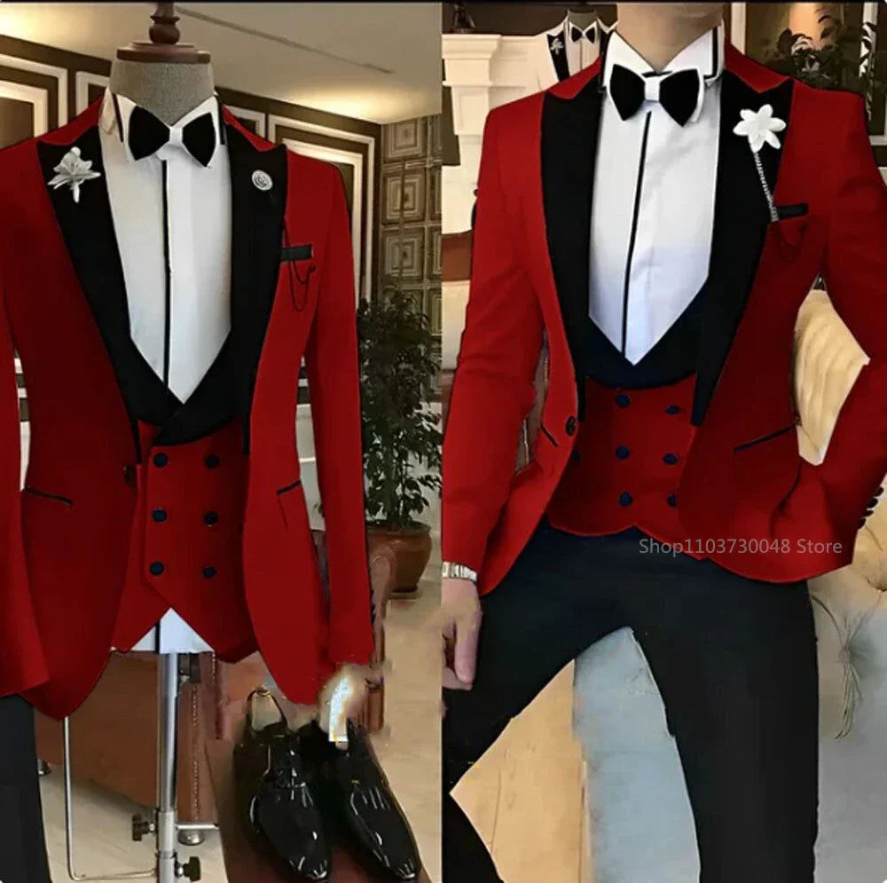 Solid Men's 3 Pieces Suit One Button Peak Lapel Jacket Vest Trousers Dinner Wedding Groom Tuxedos Slim Fit Formal Business Suits