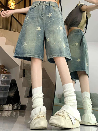 Women High Waist American Retro Washed Wide Leg Jeans Girls Street Do Old Star Loose Denim Pants Female Blue Knee Length Shorts
