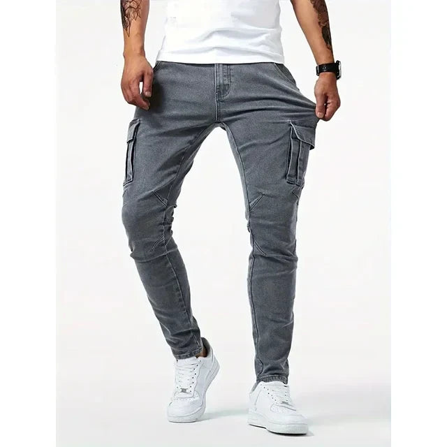 Street Elastic Jeans Men Denim Cargo Pants Wash Solid Color Multi Pockets Casual Mid Waist Trousers Slim Fit Daily Wear Joggers