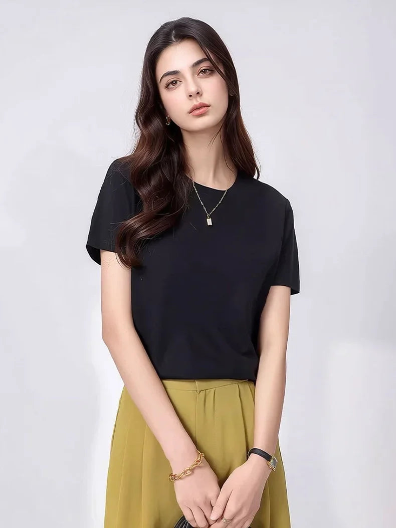 Women Solid T shirts, Silk Cotton Blend, O Neck, Short Sleeved Solid Tee,2025 Summer Candy Colors Basic Cozy Top Green