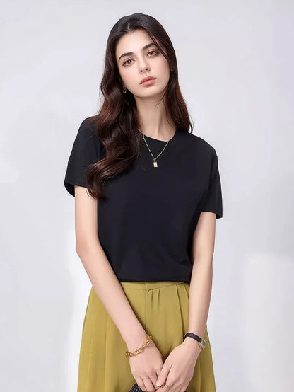 Women Solid T shirts, Silk Cotton Blend, O Neck, Short Sleeved Solid Tee,2025 Summer Candy Colors Basic Cozy Top Green