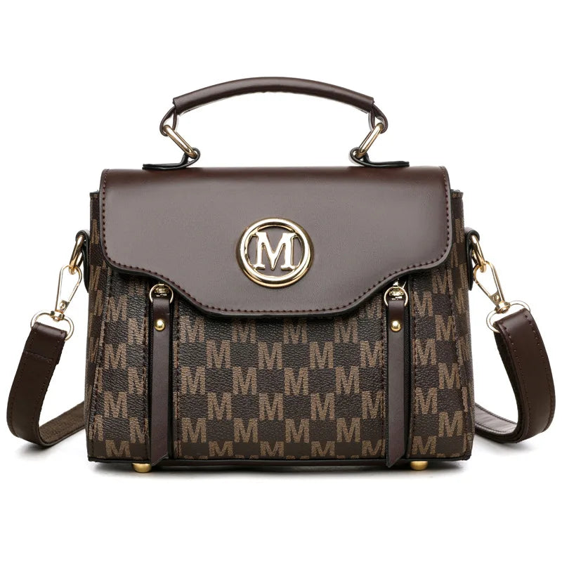 Vintage Women's Tote Bag Stylish PU Handbag Shoulder Bag with Golden Letter "M" Design Detachable Strap Perfect for Everyday Use