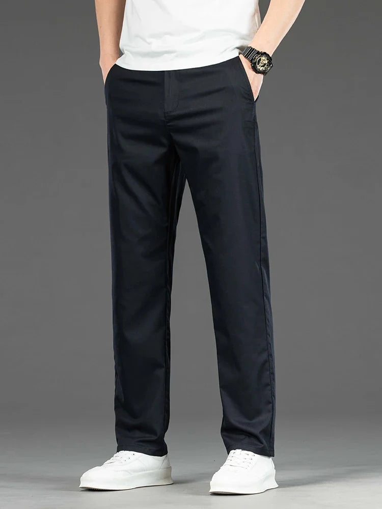 Spring Summer New Men's Casual Pants Thin Mulberry Silk Soft Business Casual Trousers Slim Straight Elastic Suit Pants Male