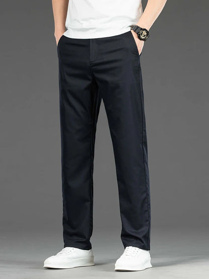 Spring Summer New Men's Casual Pants Thin Mulberry Silk Soft Business Casual Trousers Slim Straight Elastic Suit Pants Male