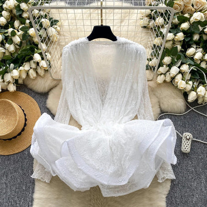 Autumn Streetwear Tops Suits Women O Neck Full Sleeves Thin Sheer Lace Shirts+Sleeveless Outerwear Ruffles Tank Top