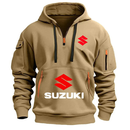 2026 Nueva sudadera con capucha Suzuki estilo motocicleta con diseño de media cremallera y logotipo rojo, top informal estilo