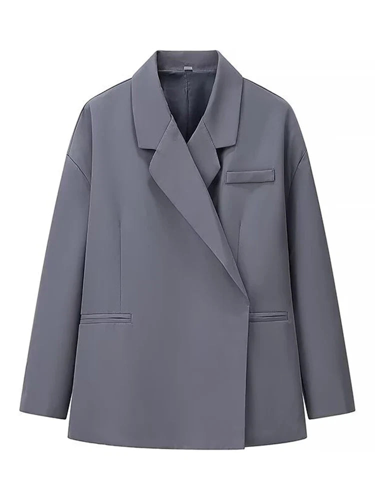 Chic Oversized Lapel Double Breasted Ruched Blazer Women 2026 Spring Khaki Elegant Puff Sleeve Casual Soft Daily Wear Outerwear
