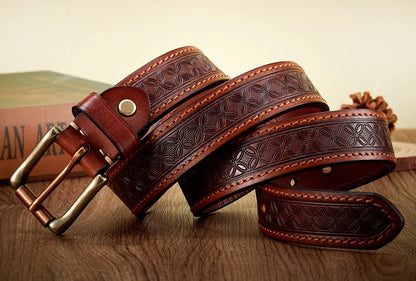 High Quality Embossed Western Cowboy Brass Buckle Belt Real Thick Genuine Leather Designer Men Belt Punk Jeans Belts For Men