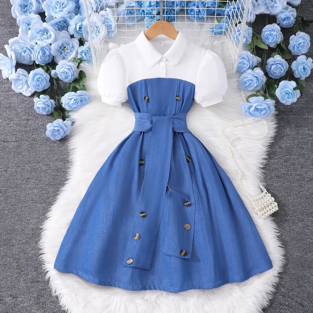 2025 Vintage Elegant Kids Girl Dress Summer Short Sleeves School Graduation Birthday Party Children Dresses 7 8 9 10 11 12 Yrs