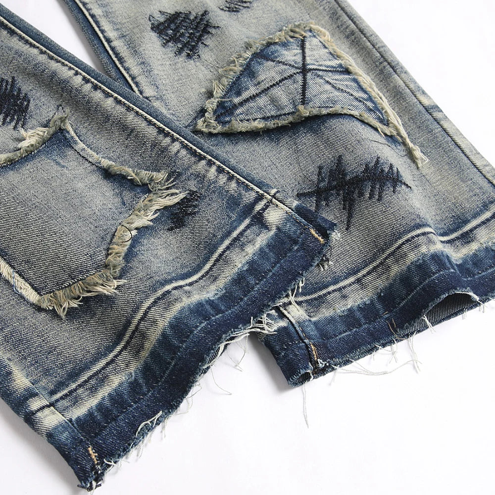Men's Boot Cut Jeans Streetwear Patches Released Hem Pants Vintage Blue Embroidery Patchwork Flared Trousers