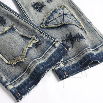 Men's Boot Cut Jeans Streetwear Patches Released Hem Pants Vintage Blue Embroidery Patchwork Flared Trousers