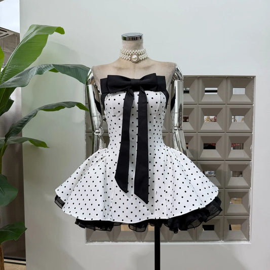 Women Sexy Strapless Backless Polka Dot Bow A Line Dress Party Birthday Evening Ball Gowns Nightclub Show Wear Fashion Vestido
