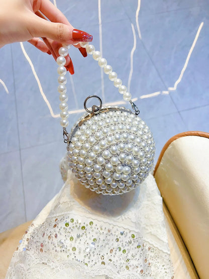 Round Pearl Clutch Purse Handbag Luxury Elegant Evening Bag Ring Handle For Women Bride Bridesmaid Wedding Party Handbag Purses