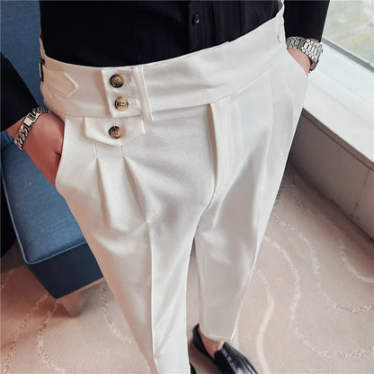 British Style Spring New Solid Business Casual Suit Pants High Waist Button Men Formal Pants High Quality Slim Office Trousers