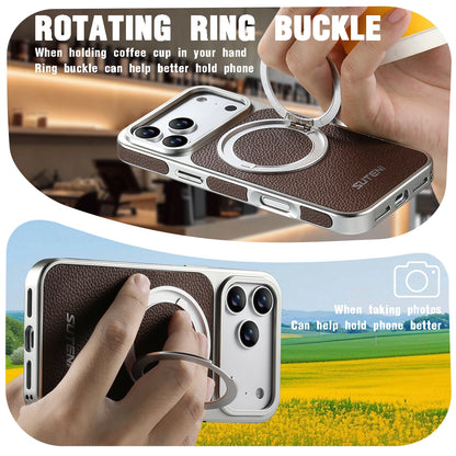 Faux Leather Magnet Wireless Charging Phone Case 360° Rotating Stand Ring Buckle Frosted Feel For iPhone 17 Pro Max 16 15