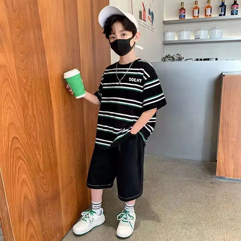 Striped Short-sleeved Shirt Boy Outfit 2025 Children's Clothing Toddler Cartoon Fashion Boys Set Kids Sweatshirt Summer Suit Top