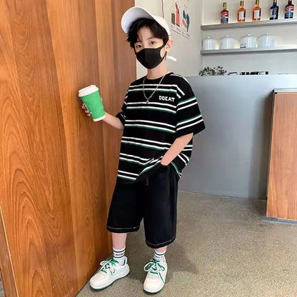 Striped Short-sleeved Shirt Boy Outfit 2025 Children's Clothing Toddler Cartoon Fashion Boys Set Kids Sweatshirt Summer Suit Top