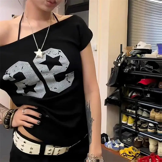 Off Shoulder Y2k Tops Print Short Sleeve T-Shirt Harajuku Loose Women Top Summer New Fashion Street Clothing