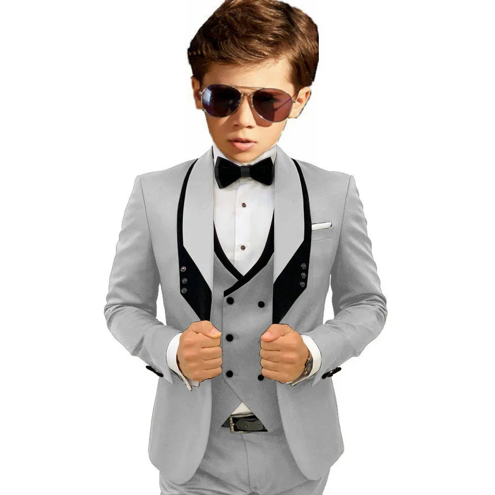 Sky Blue Elegant Shawl Lapel Tuxedo 3 Pieces Formal Banquet Outfit High Quality Children's Stylish Suit Set Party Wear 2-20T