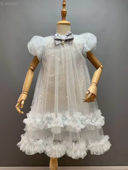 2026 New Summer Dress Girls Sequin Tulle Princess Party Gown Children Pageant Formal Attire Celebration Outfit Elegant Clothes