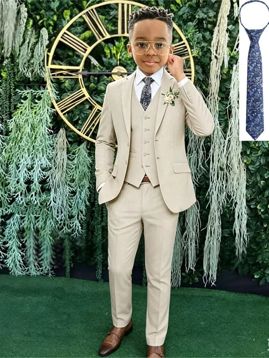 Fast Delivery Boys Linen Suits 4 Pieces For Piano Performance Notched Lapel Kids Regular Fit Suit Set Summer Wedding Wear 3-14T