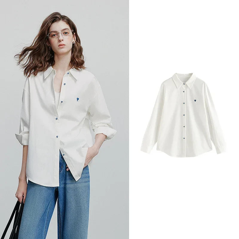 Women Blouse Shirt 2025 Spring New Love Embroidered Simple and Versatile Solid Color Pure Cotton Shirt Tops