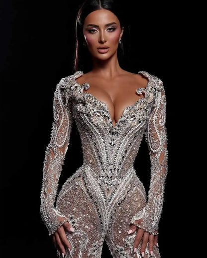Luxurious V Neck Prom Dresses Long Sleeve Lace Crystal Evening Dress Flare Pants Jumpsuits Celebrity Party Gown