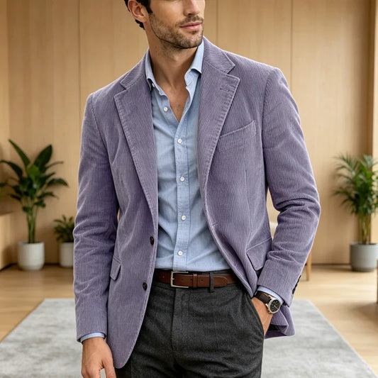 Vintage Men's Corduroy Blazer Notched Lapel 2 Buttons Slim Fit Jacket Casual Business Sport Coat For Office Wedding Daily Wear