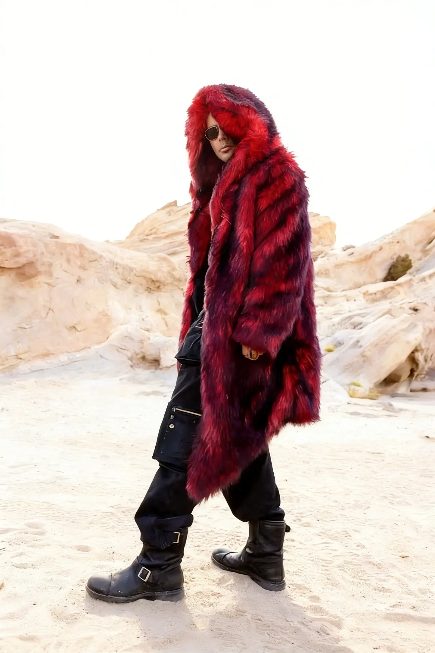 Autumn/Winter Long Warm Fluffy Faux Fur Coat Red Men's Long Sleeve High Quality Luxury Fluffy Coat