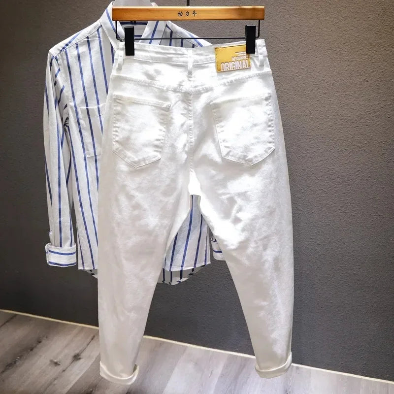 New Ripped Hole Jeans Men White Fashion Harem Male Pants  All-match Stretch Comfortable Streetwear Denim Trousers