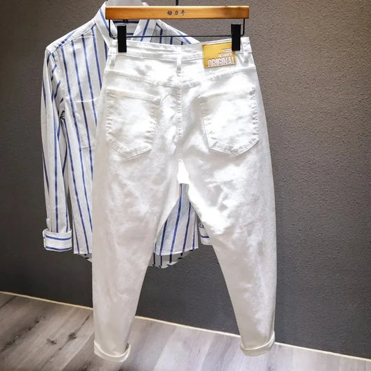 New Ripped Hole Jeans Men White Fashion Harem Male Pants  All-match Stretch Comfortable Streetwear Denim Trousers