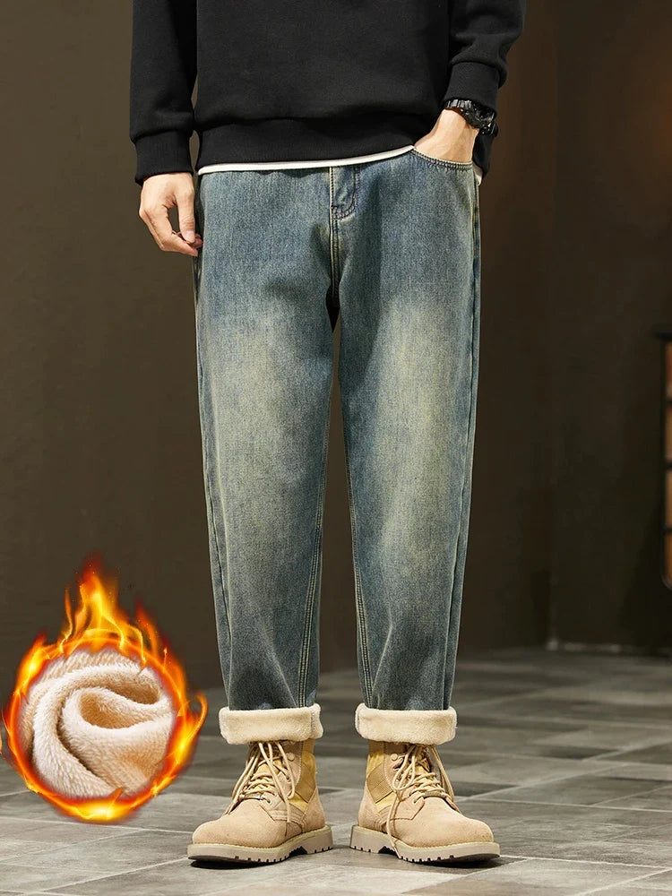 Retro Loose Winter Fleece Jeans Men's Warm Thicken Fashion Casual Denim Pants Comfortable Plush Velvet Thermal Male Trousers