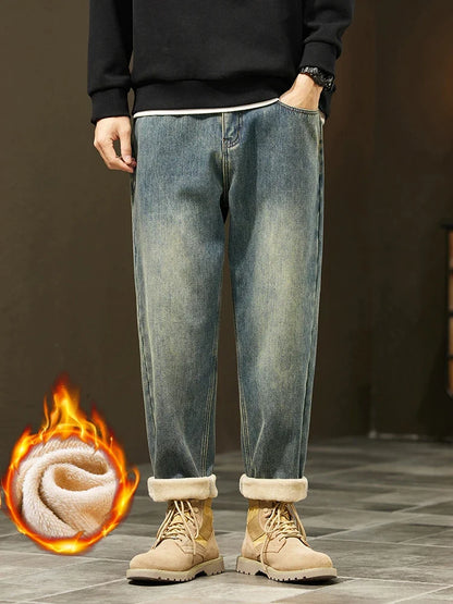 Retro Loose Winter Fleece Jeans Men's Warm Thicken Fashion Casual Denim Pants Comfortable Plush Velvet Thermal Male Trousers
