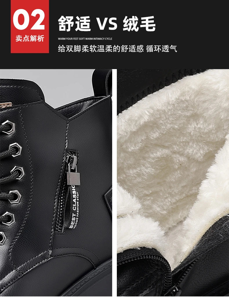 Winter thick soled Men's boots Outdoor waterproof laceup genuine leather boots male Comfortable warm leather shoes Botas Zapatos