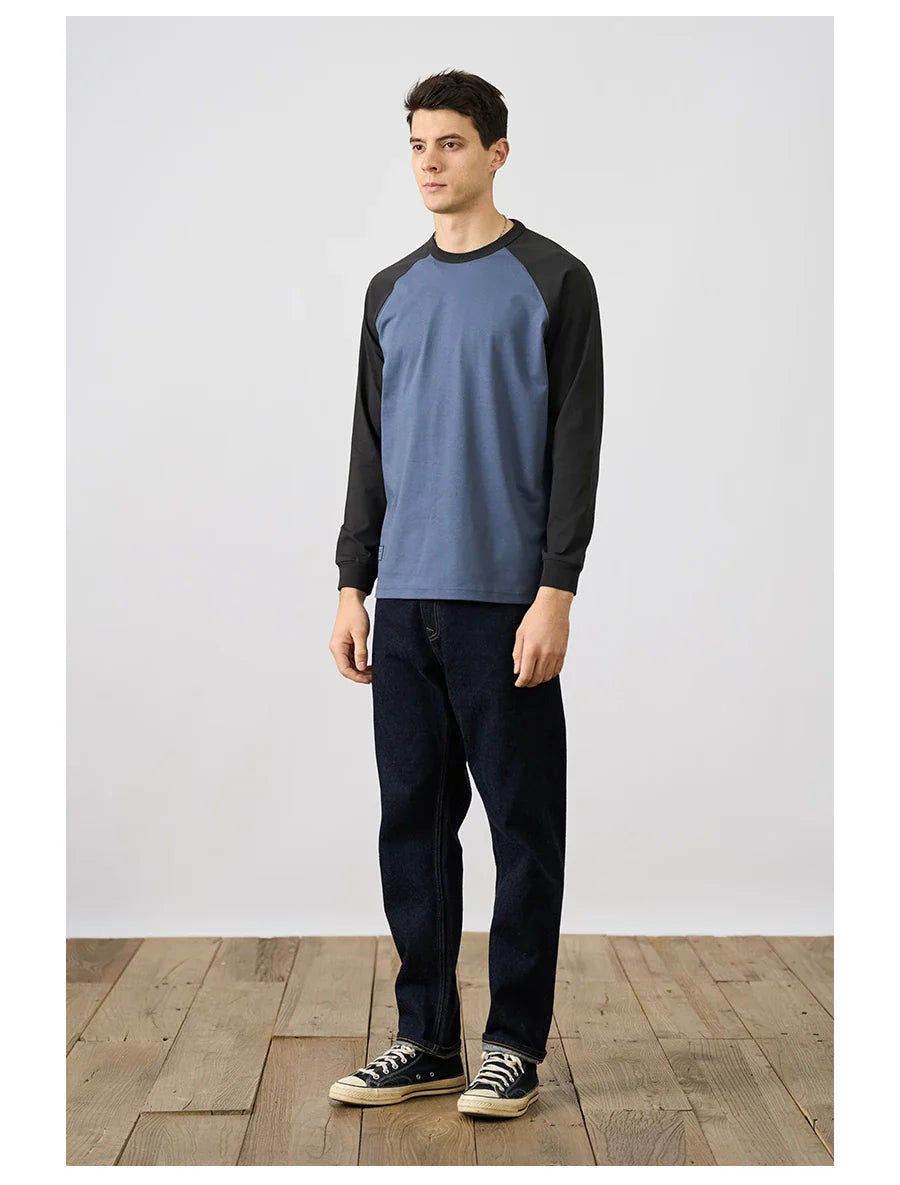 2026 Spring New 240g/sm Sorona Fabric Long Raglan Sleeve T-shirts Men Contrast Colors Tops