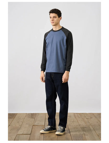 2026 Spring New 240g/sm Sorona Fabric Long Raglan Sleeve T-shirts Men Contrast Colors Tops