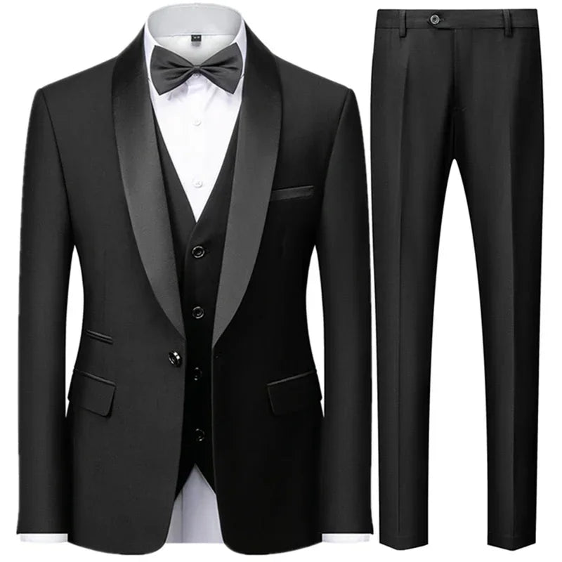 Black Blazer Set Men Autumn Wedding Party 3 Pieces Set Large Size Male Blazer Coat Pants and Vest Black Fashion Slim Fit Suits