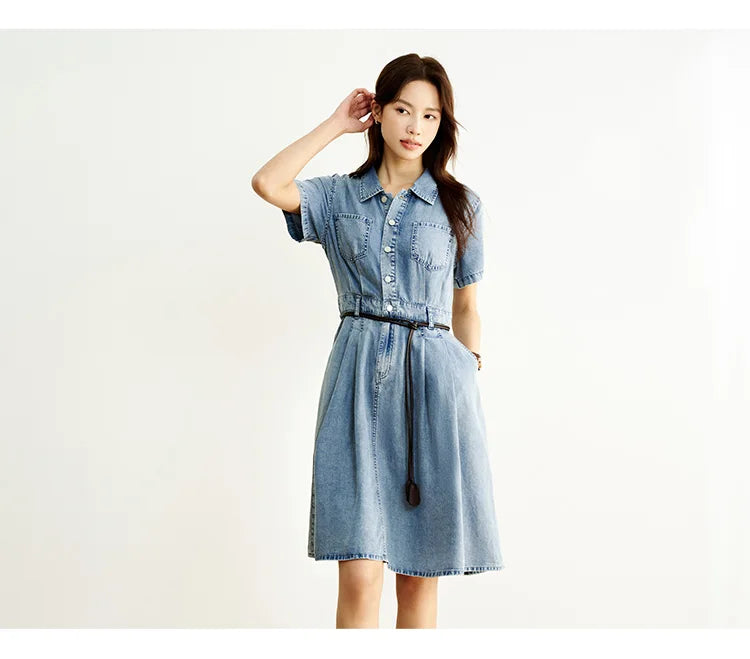 Denim Dress Women Waist Defining Button Down 2025 Summer New Cooling Midi Dress Casual Chic