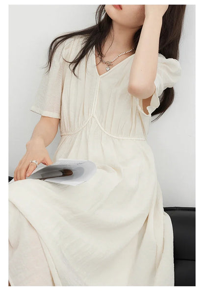 Women Dresses French Style Vintage V-neck Puff Sleeve Long Dress Solid Black Loose Female Clothing Summer New 2023