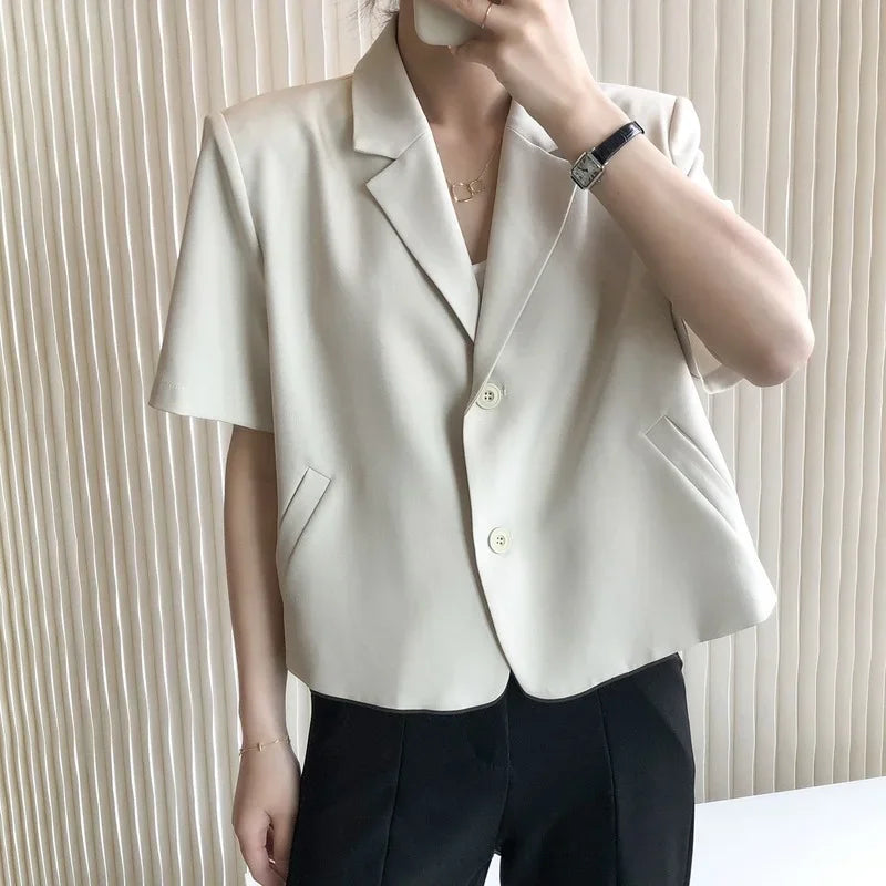 Blazers Women 3 Colors Office Lady New Short Sleeve Pockets Thin Summer Cropped All-match Simple College Quality Soft Streetwear