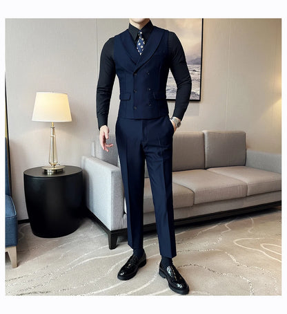 Men Luxury Double Breasted Design Solid Vest Formal Groom Wedding Dress Suit Vest Set Fashion Mens Club Singer Clothing 6XL-M