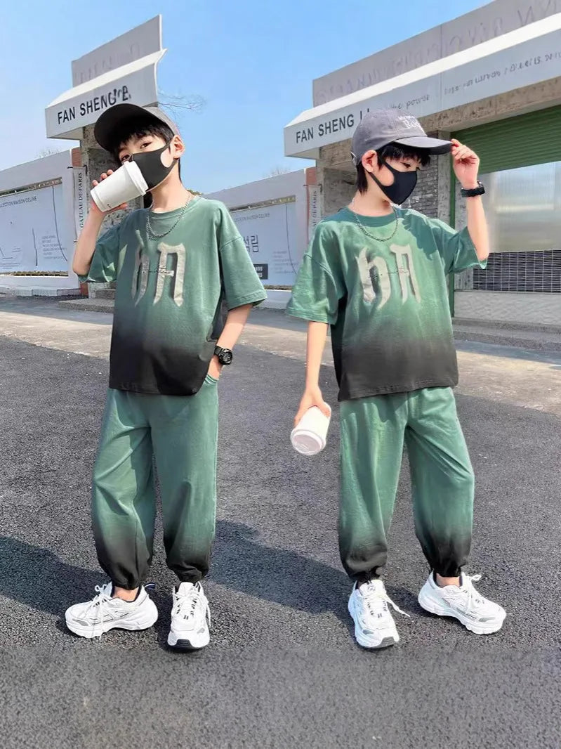Summer Boys Leisure Gradient T-Shirt Top+Loose Sweatpant Workout Set School Kids 2PCS Tracksuit Children Vacation Outfit 5-16 Yr