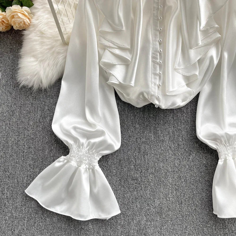 High Quality Satin Loose Shirt Long Flared Sleeves Ruffles O Neck Beading  Women Gentle Office Lady Casual Blouse