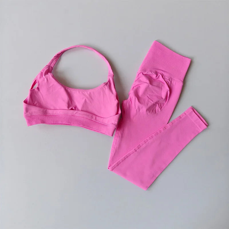Sports Suit Women's Running 2PCS Set Seamless Yoga Thin Straps Beautiful Back Fitness Bras Gym High-waisted Peach Leggings Sets