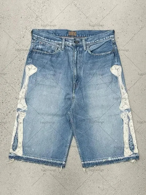 Deeptown Y2k Vintage Harajuku Denim Shorts Women Washed Letter Embroidery Tassels American Retro Jeans Man Baggy Hip Hop Jorts